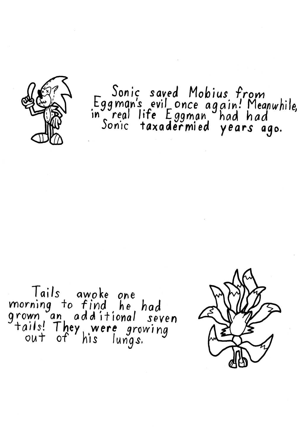 Story 1: Sonic saved Mobius from Eggman's evil once again! Meanwhile, in real life Eggman had had Sonic taxidermized years ago. Story 2: Tails awoke one morning to find he had grown an additional seven tails! They were all growing out of his lungs.